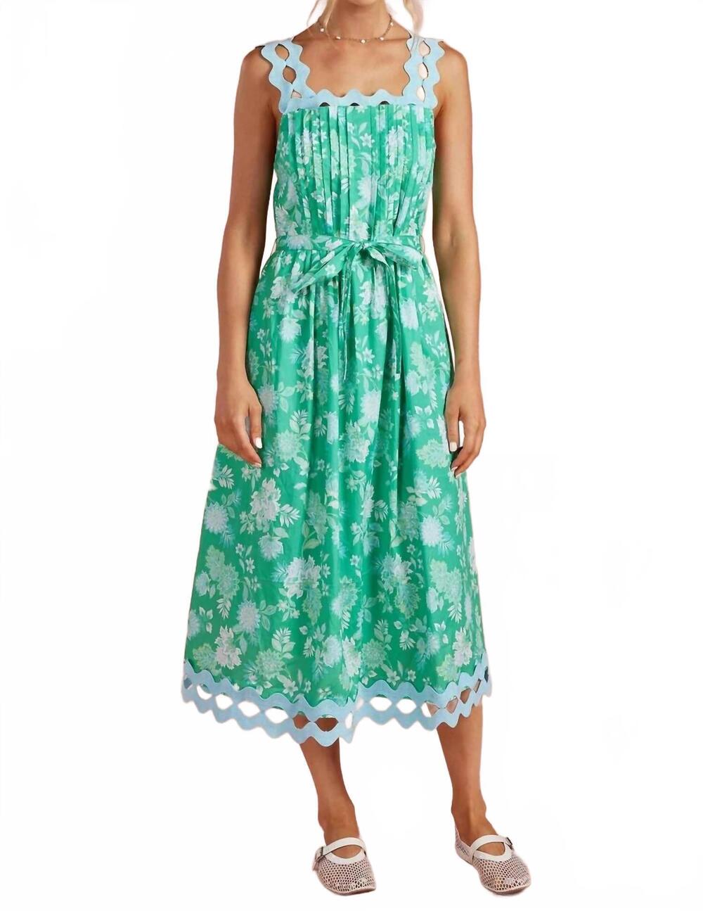 NEW STRUT & BOLT botanical garden ric-rac pintuck midi dress in green